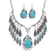 (blue  anti silver)occidental style exaggerating hollow gem clavicle chain necklace set woman fashion ethnic style turq