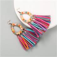 ( Color)earrings Bohemia Alloy embed turquoise exaggerating Earring leather tassel personality earrings