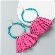 ( rose Red) earrings exaggerating big Round turquoise handmade leather tassel Earring earrings