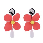 ( Pink)exaggerating long style multilayer flowers earrings Alloy drop Pearlearrings