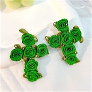 (E 1415  green)occidental style Cloth flowers cross earrings  handmade production fashion high Earring woman