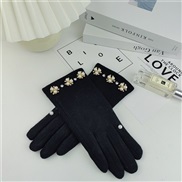 (Free Size )( blackG)Winter sheep velvet warm glove Korean style lady velvet warm mitten touch screen wool Pearl glove