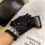 (Free Size )( black)Winter sheep velvet warm glove Korean style lady velvet warm mitten touch screen wool Pearl glove