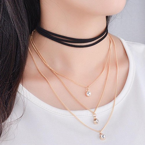 occidental style  fashion woman  brief Street Snap  multilayer Rhinestone pendant clavicle necklace