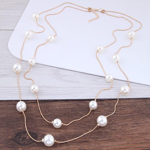 Korean style fashion  Ladies elegant generous large pieces Pearl snake Double layer necklace sweater chain