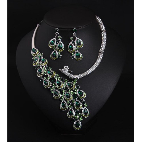   occidental style exaggerating crystal peacock necklace earrings set bride banquet woman fashion