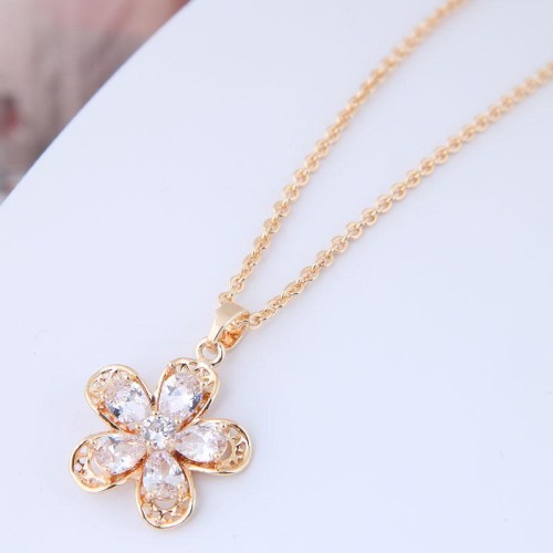 Korean style fashion bronze mosaic zircon petal personality necklace