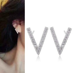 silver  Korean style fashion  mosaic zircon conciseV Word personality ear stud