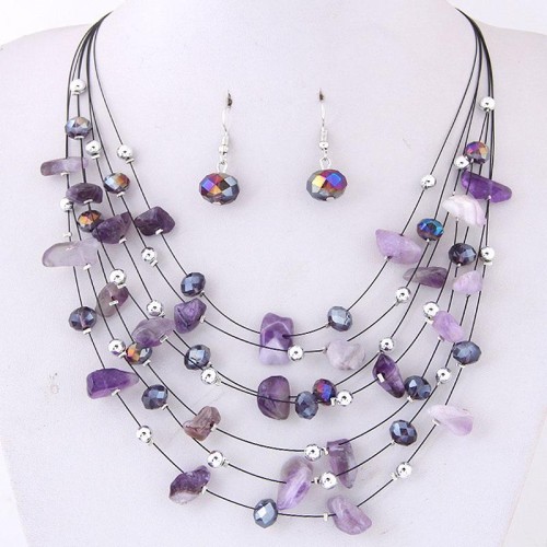 Korean style fashion  fine Bohemian style all-Purpose gravel  crystal concise multilayer necklace  earrings