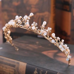 bride Pearl handmade crown set  gold branch crown head  crown