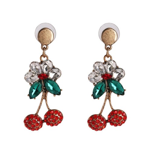 fashion flowers Modeling embed gem earringins temperament earrings elegant all-Purpose cherry