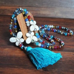 occidental style color crystal necklace long style turquoise bow Bohemian styl..