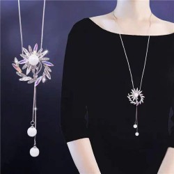 fine Korean style fashion  Metal shine bright flowers Pearl long necklace/ swe..