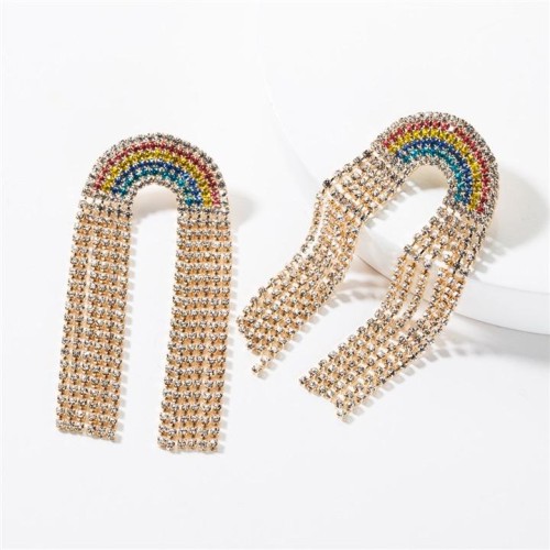 fashion creative Rhinestone diamond rainbow tassel earrings woman occidental style personality fully-jewelled su