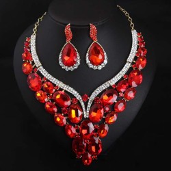   occidental style crystal gem clavicle necklace earrings set bride banquet ex..