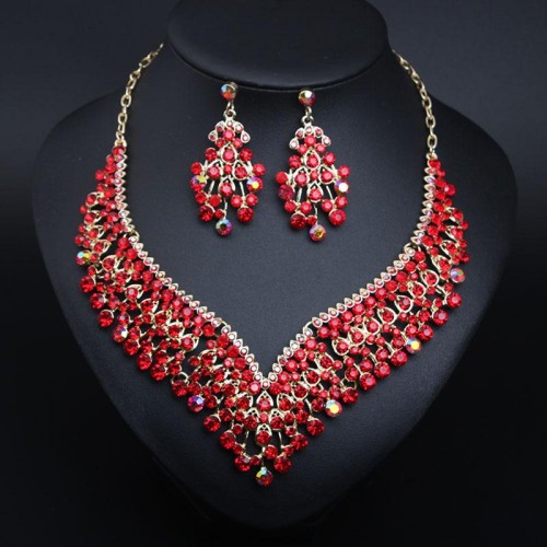   occidental style bride banquet crystal clavicle necklace earrings set woman
