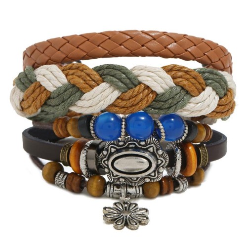 occidental style beads Cowhide braceletdiy three retro rope weave bracelet