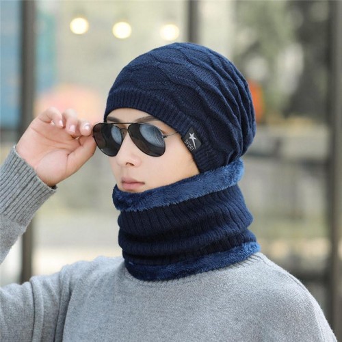 men hats wool rhombus warm velvet thick knitting woolen fashion hat set