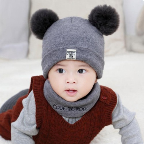 ( gray)Winter lovely Double Baby hats two woolen knitting thick warm hat set