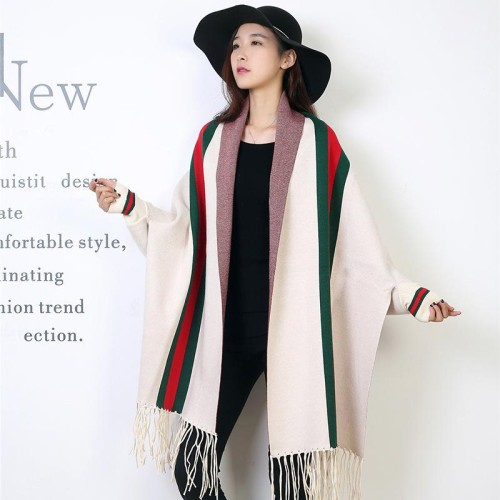 autumn Winter belt sleeves shawl fashion Stripe scarf woman wind two more thick bat shirt Coat