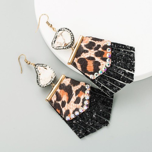 leopard long style leather pure natural embed fully-jewelled earrings woman exaggerating Earring earrings