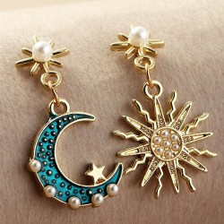  occidental style fashion Alloy enamel embed Pearl asymmetry sun Moon earrings