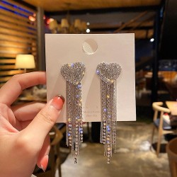silver Korea temperament fully-jewelled love earrings long style tassel earrin..