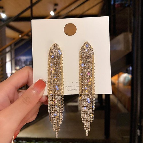 silver fully-jewelled geometry triangle earrings occidental style fashion long style tassel earrin
