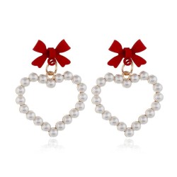 silver Korean style brief embed Pearl heart-shaped pendant bow earrings temper..