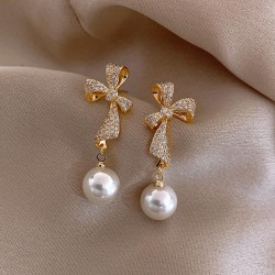 silver Korea temperament diamond bow earrings Pearl earring personality all-Pu..