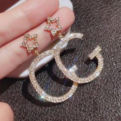 silver retro Word woman brief Five-pointed star ear stud wind flash diamond Earring
