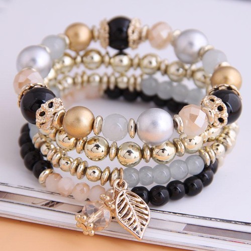 occidental style fashion  concise all-Purpose trend gorgeous Beads Metal leaves multilayer woman bracelet
