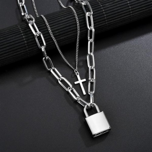 occidental style new exaggerating geometry pendant punk head Rock Double layer necklace chain