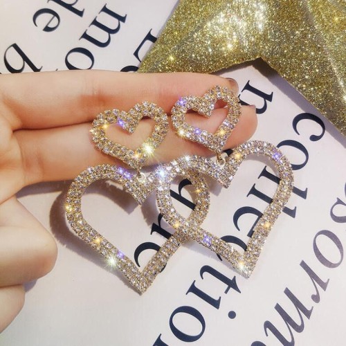 occidental style fashion exaggerating  diamond silver Double love earrings  temperament all-Purpose long style Pe