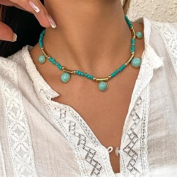 occidental style retro splice turquoise geometry tassel necklace Countryside m..