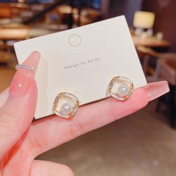 silver geometry Pearl earrings woman Korean style brief fashion temperament sa..