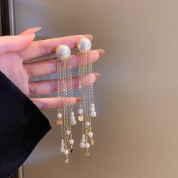 silver Pearl tassel earrings woman occidental style long style temperament ear..