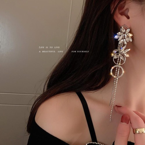 silver diamond flowers tassel earrings occidental style long style personality earring all-Purp