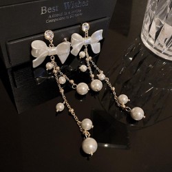 silver summer zircon Pearl bow tassel earrings super Ladies ear stud temperame..