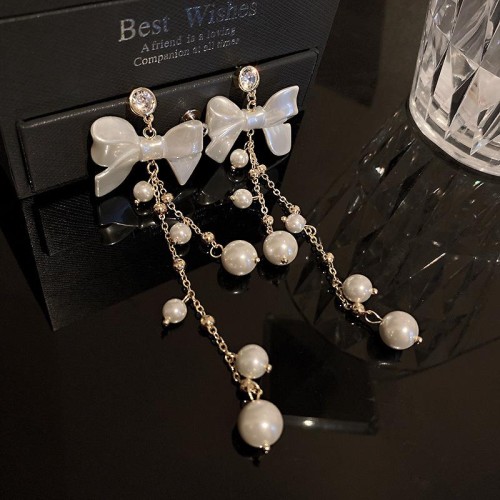 silver summer zircon Pearl bow tassel earrings super Ladies ear stud temperament sweet Earring woma