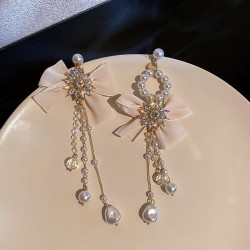 silver Pearl crystal bow tassel asymmetry earrings exaggerating earring sweet ..