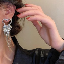 silver occidental style diamond beads love tassel earrings temperament fully-j..
