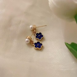silver Pearl enamel blue flowers earrings fresh ear stud brief student Earring..