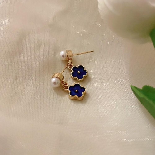 silver Pearl enamel blue flowers earrings fresh ear stud brief student Earring woman