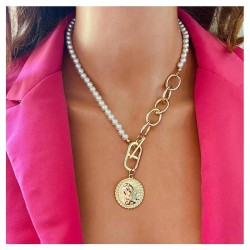 occidental style necklace  gold human Head pendant Pearl necklace  ins wind