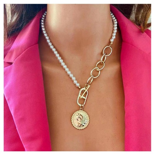 occidental style necklace  gold human Head pendant Pearl necklace  ins wind