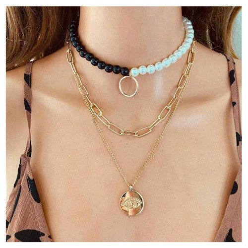 occidental style  fashion brief multilayer Pearl chain  Alloy eyes pendant necklace woman