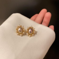 silver Pearl Round ear stud Korea temperament brief Pearl Earringins retro ear..