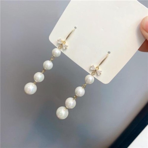 D Ladies Pearl long style earrings temperament beads woman diamond zircon sweet bow Earring