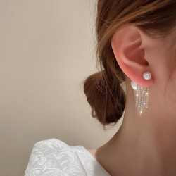 silver Korea big personality style two Pearl diamond tassel earrings earring E..
